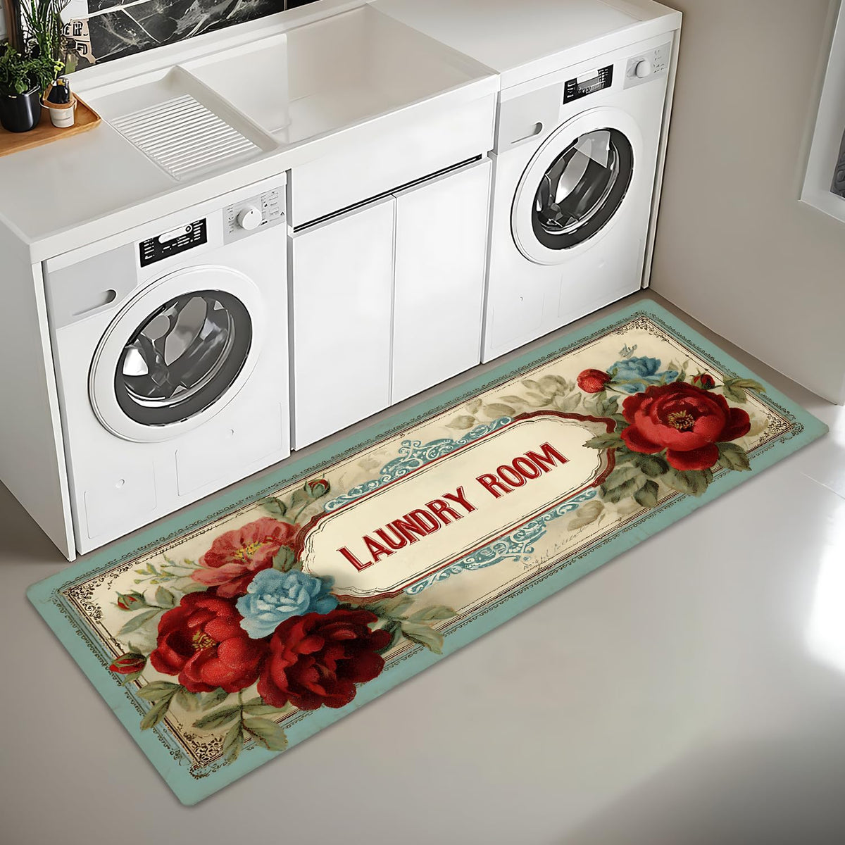 Light Green Vintage Rose Laundry Rug 47x20 Inch