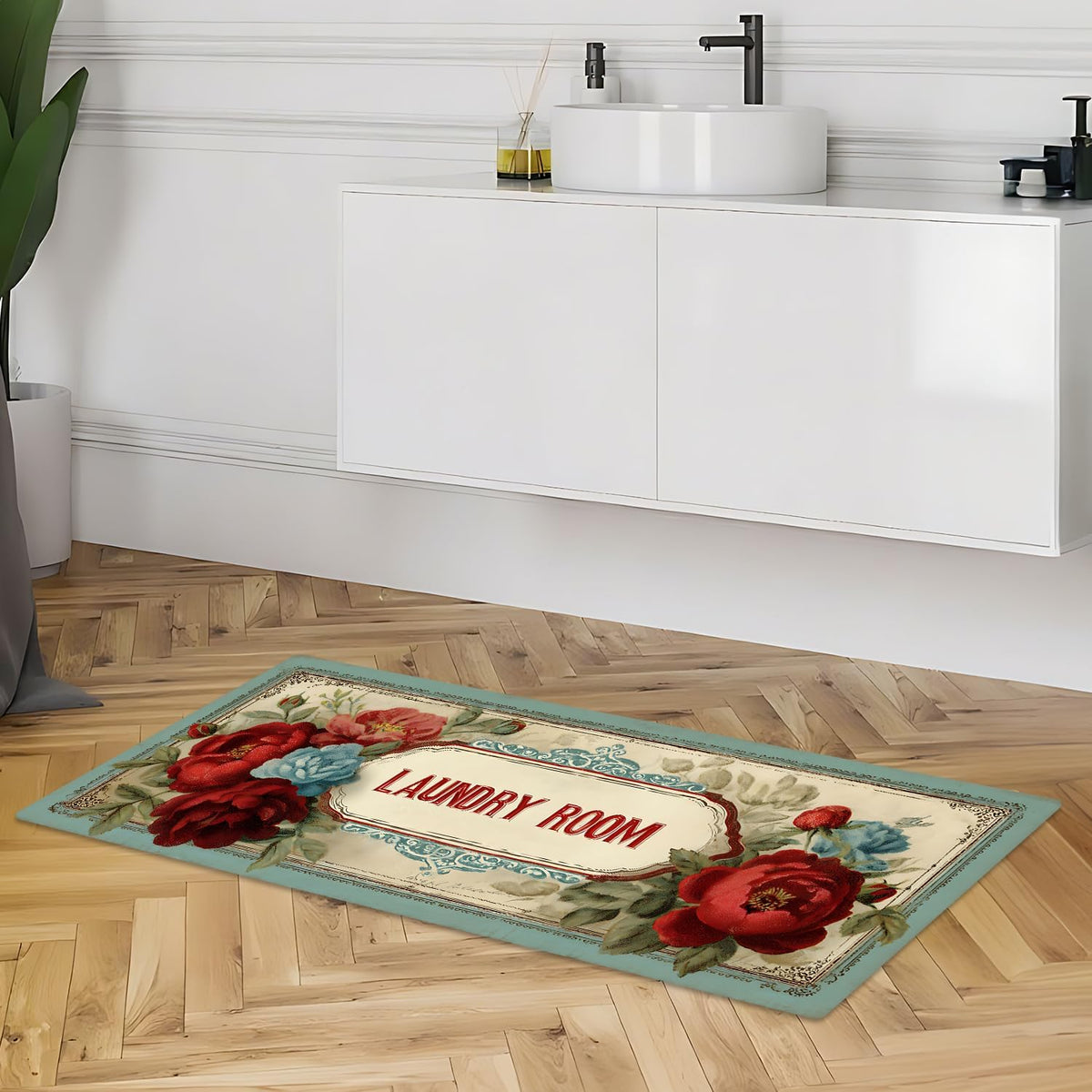 Light Green Vintage Rose Laundry Rug 47x20 Inch