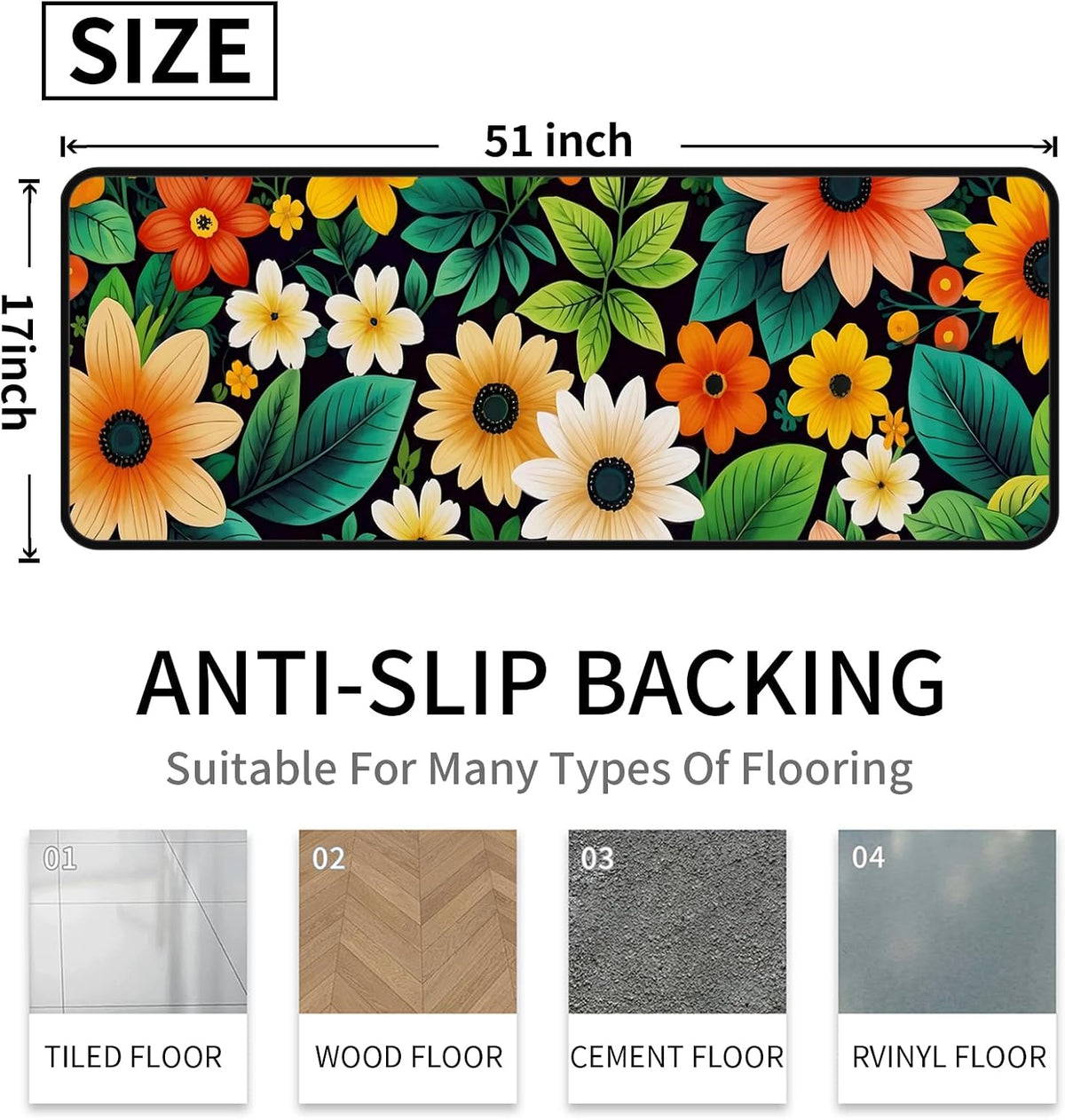 Botanical Floral Laundry Rug 17"x51" Non Slip Washable