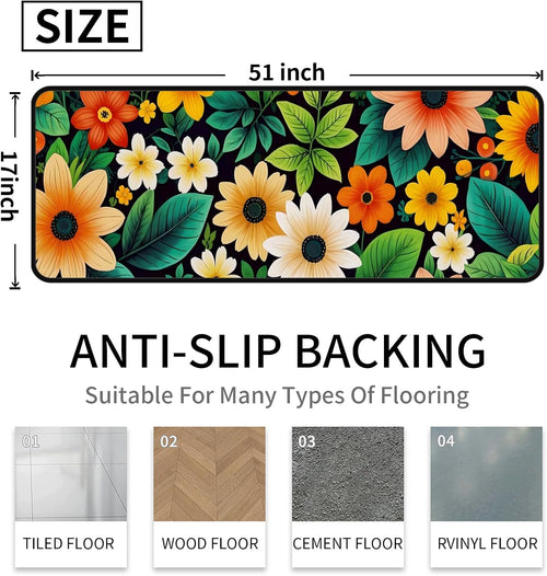 Botanical Floral Laundry Rug 17"x51" Non Slip Washable