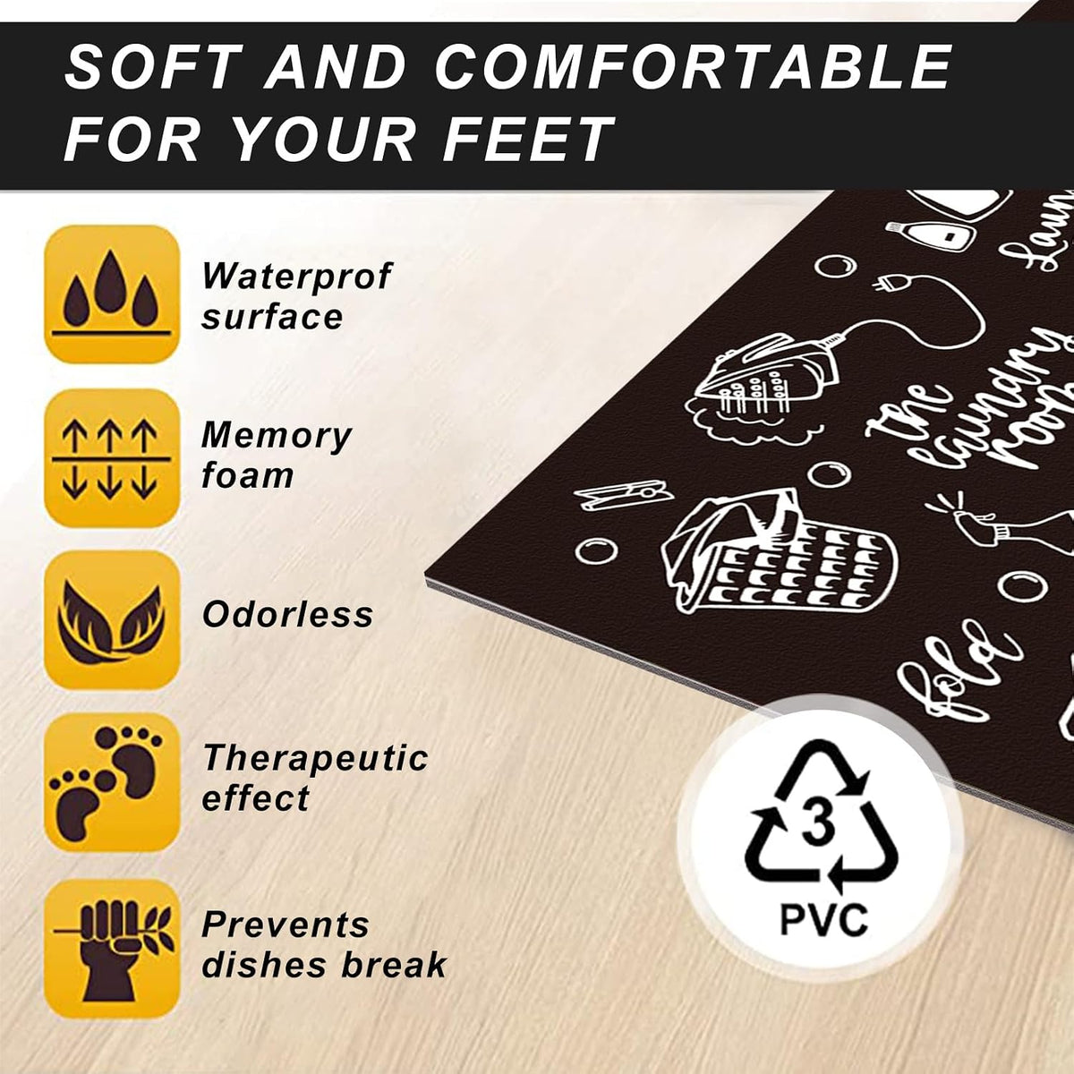 Black Waterproof Non-Slip Laundry Rug 47"x17.5"
