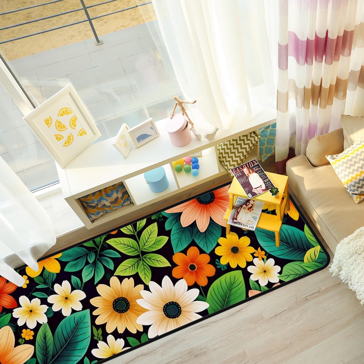 Botanical Floral Laundry Rug 17"x51" Non Slip Washable