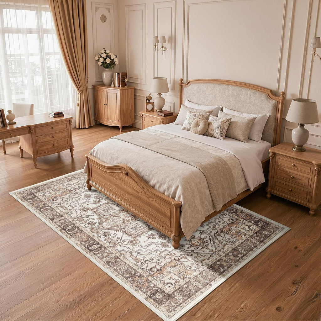 Washable Rug 6x9 Taupe Vintage Medallion