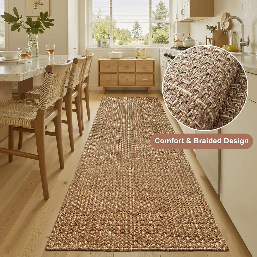 Tan Brown Braided Faux Jute Runner 2x8 ft Non Slip