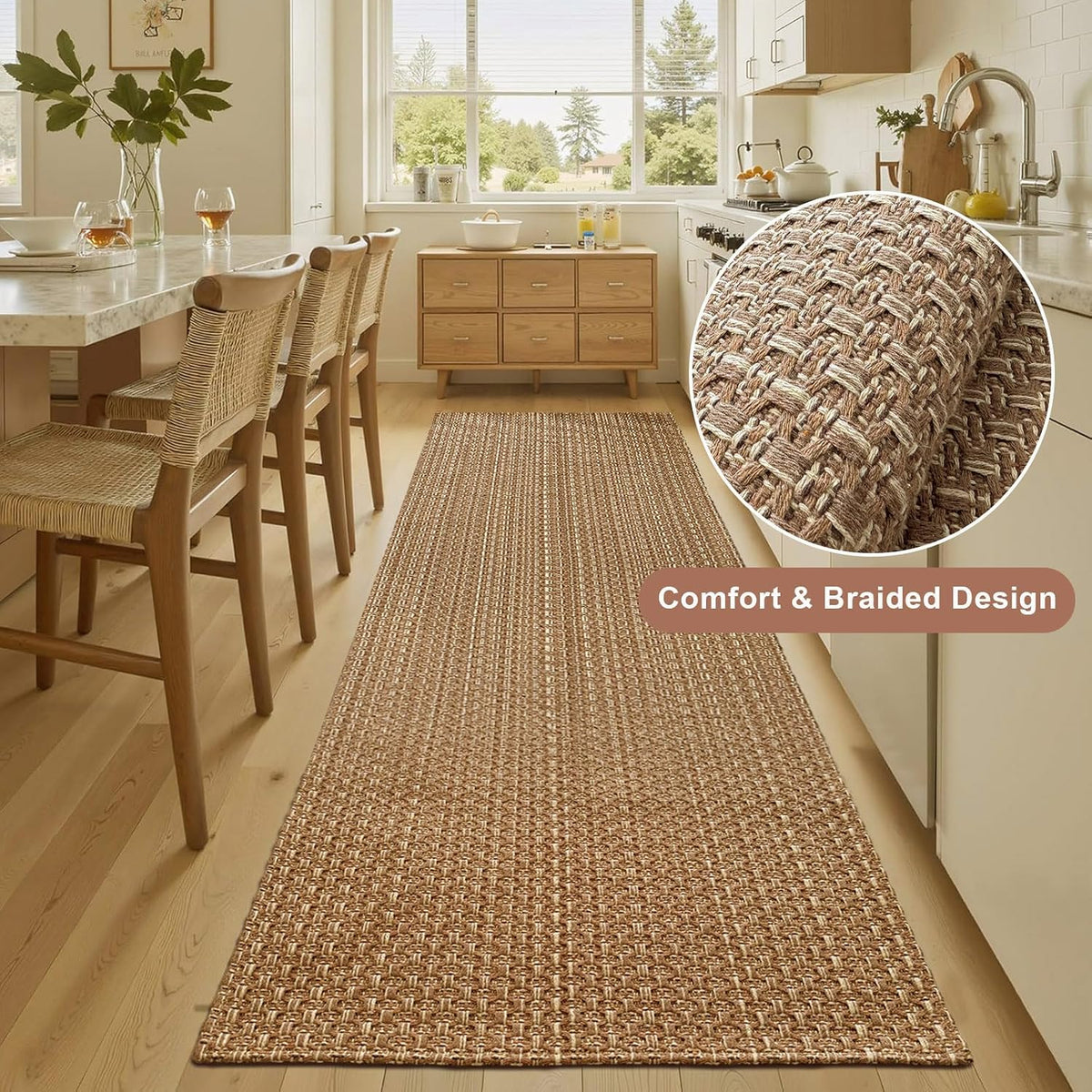 Tan Brown Braided Faux Jute Runner 2x8 ft Non Slip