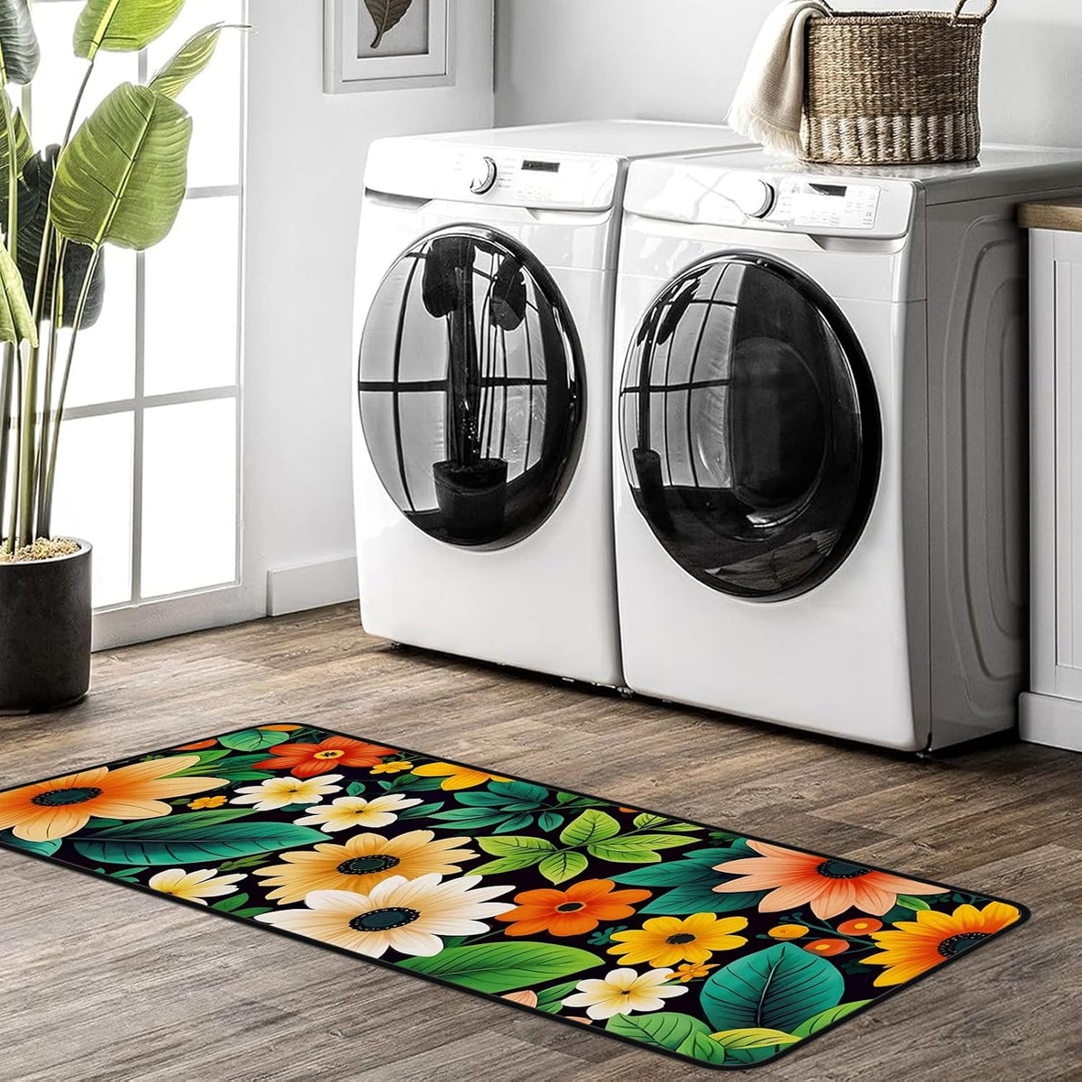 Botanical Floral Laundry Rug 17"x51" Non Slip Washable