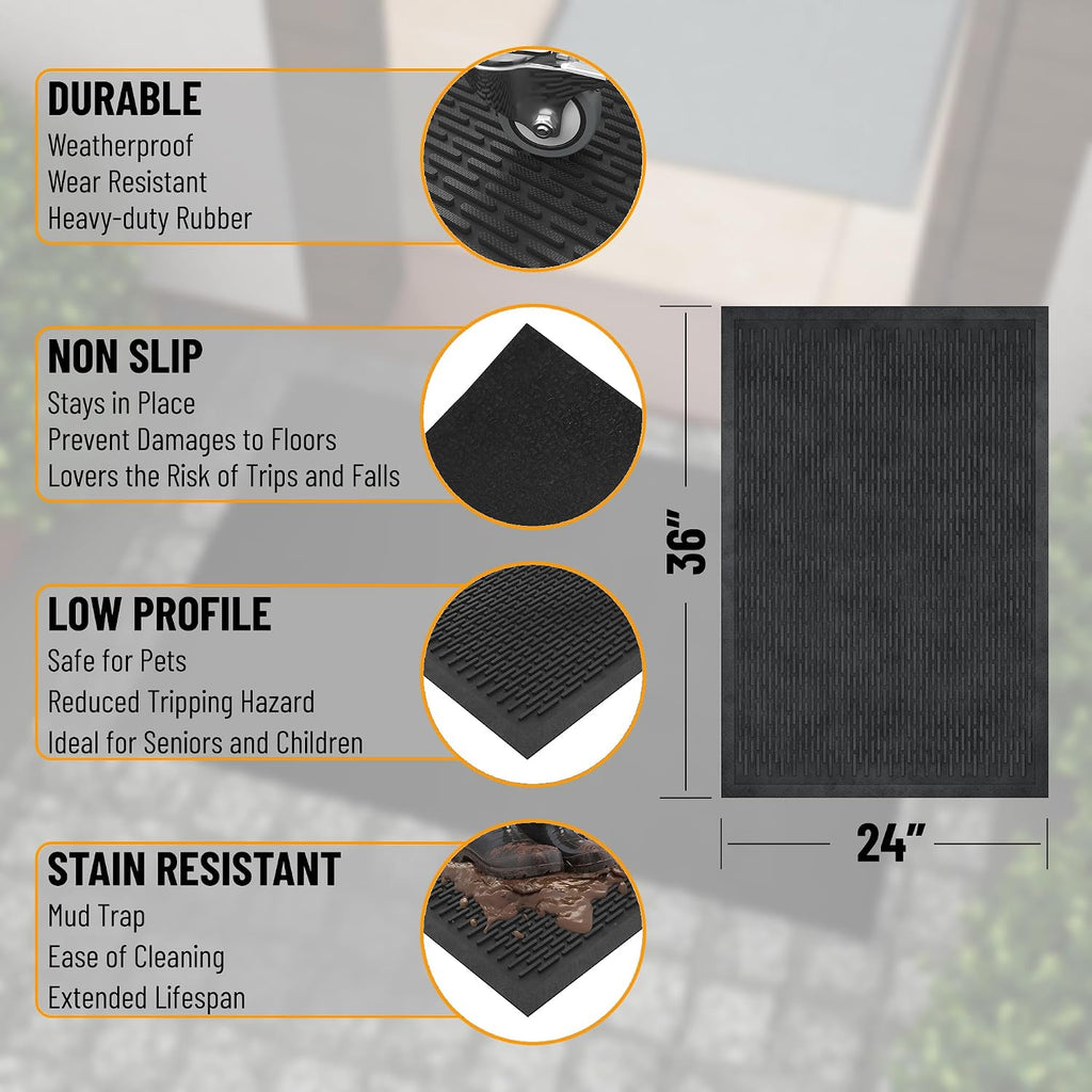 Black Rubber Doormat 24"x36" Non-Slip