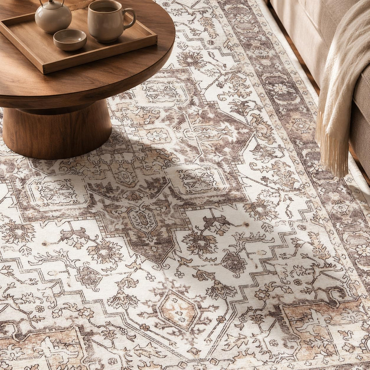 Washable Rug 6x9 Taupe Vintage Medallion