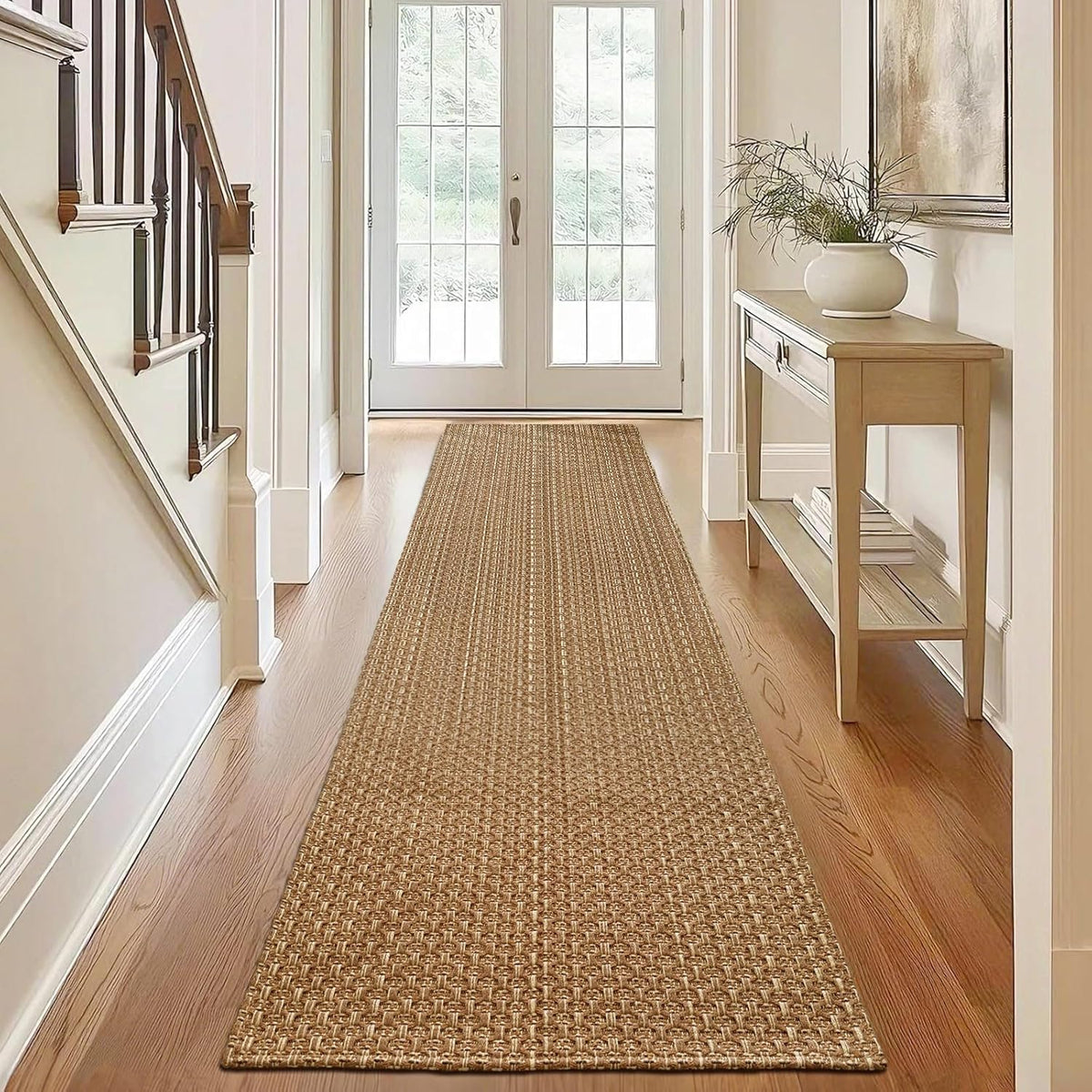 Tan Brown Braided Faux Jute Runner 2x8 ft Non Slip