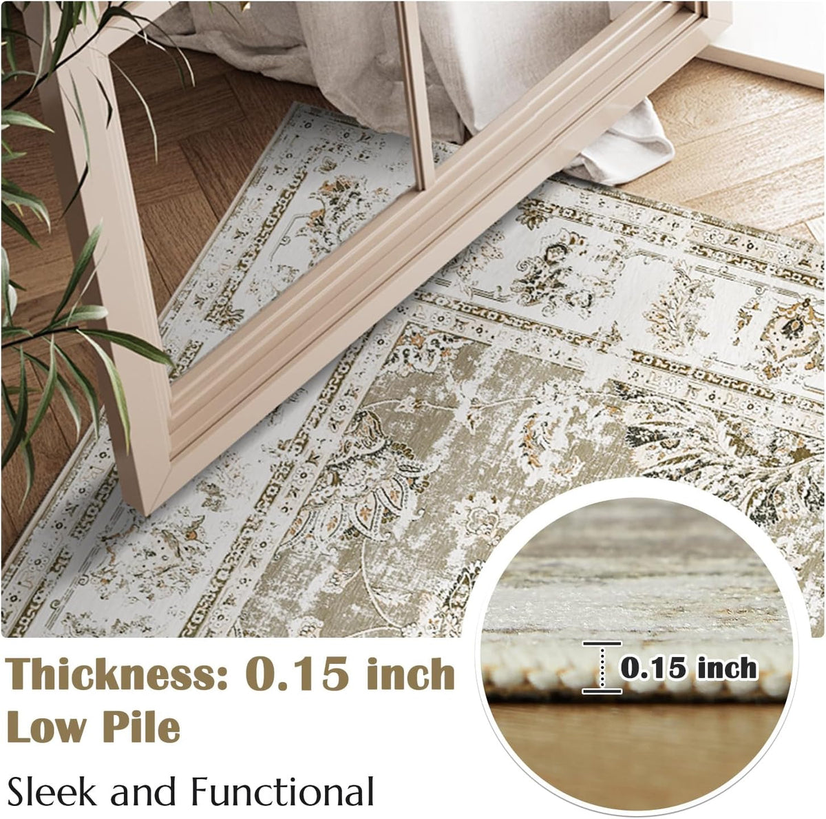Washable Vintage Floral Rug 8x10 Taupe