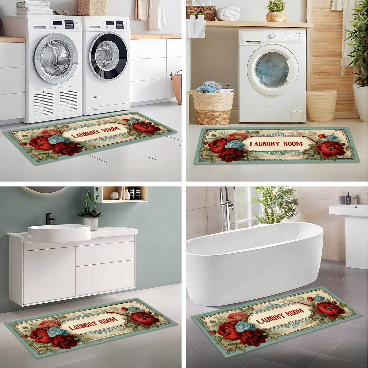 Light Green Vintage Rose Laundry Rug 47x20 Inch