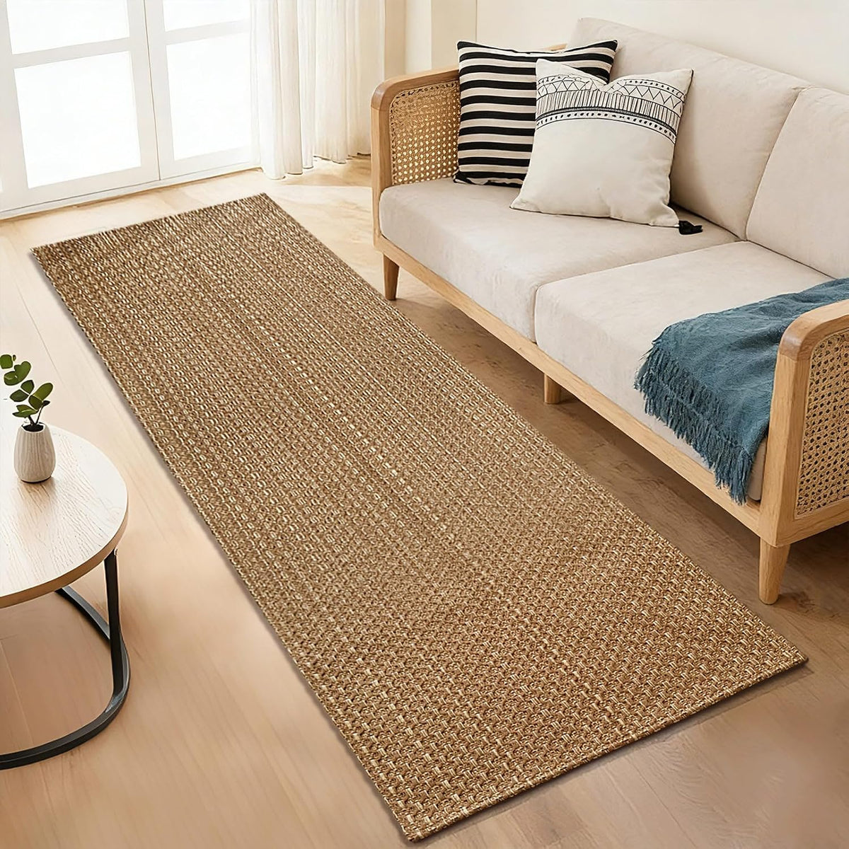 Tan Brown Braided Faux Jute Runner 2x8 ft Non Slip