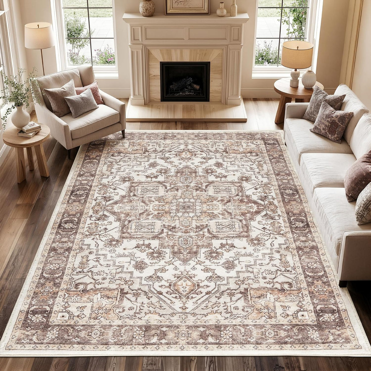 Washable Rug 6x9 Taupe Vintage Medallion
