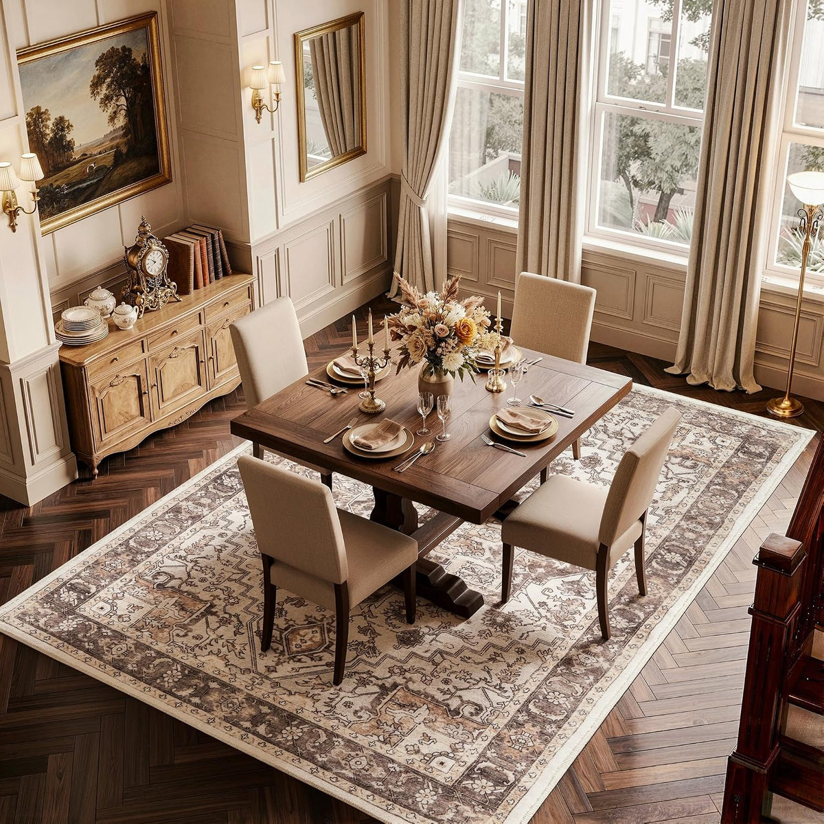 Washable Rug 6x9 Taupe Vintage Medallion