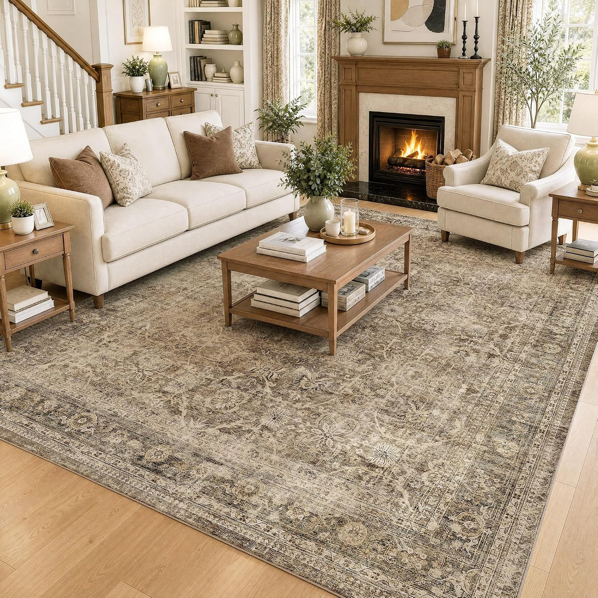 Washable Vintage Rug 8x10 Brown Neutral